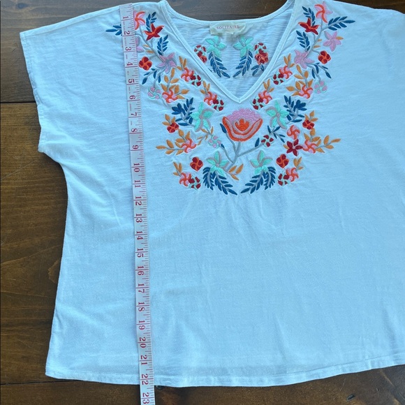 Solitaire Floral Embroidered White Cap Sleeve Boxy V Neck Tee Shirt Sz M - Picture 8 of 13